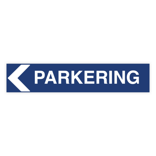 Skylten - Parkering Pil v&auml;nster. Skylt f&ouml;r parkering med v&auml;nsterpil, hj&auml;lper bes&ouml;kare och anst&auml;llda att hitta r&auml;tt parkeringsplats. Tillg&auml;nglig i olika material och storlekar av aluminium f&ouml;r v&auml;gg- eller stolpmontage.
