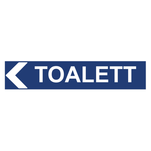 Skylten - Toalett pil v&auml;nster. Skylt f&ouml;r toalett med v&auml;nsterpil, hj&auml;lper bes&ouml;kare att hitta r&auml;tt toalett. Tillg&auml;nglig i olika material av aluminium f&ouml;r v&auml;gg- eller stolpmontage.