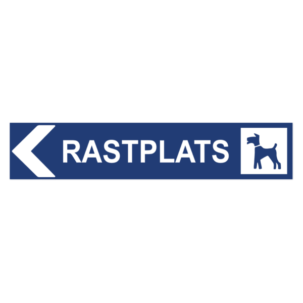Skylten - Rastplats hundar pil v&auml;nster. Skylt f&ouml;r rastplats hundar med v&auml;nsterpil, hj&auml;lper hund&auml;gare att hitta r&auml;tt rastplats. Tillg&auml;nglig i olika material av aluminium f&ouml;r v&auml;gg- eller stolpmontage.