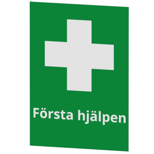 F&ouml;rsta hj&auml;lpen-skylten har storleken 148x210mm och tillverkas i materialet Aluminium 0,7mm. Denna standardskylt kan anpassas s&aring; att du kan skapa din egen version av skylten.