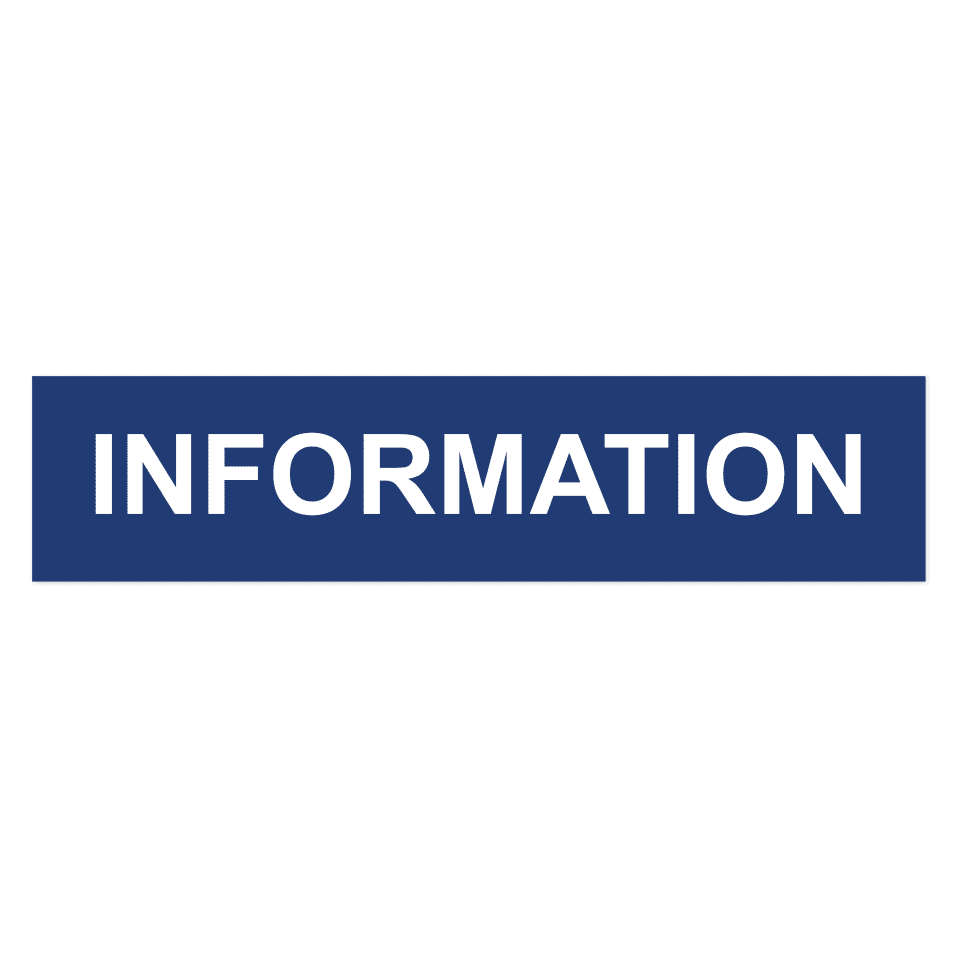 Information-skylten har storleken 650x150mm och tillverkas i materialet Aluminium 2mm Plan. Denna standardskylt kan anpassas så att du kan skapa din egen version av skylten.