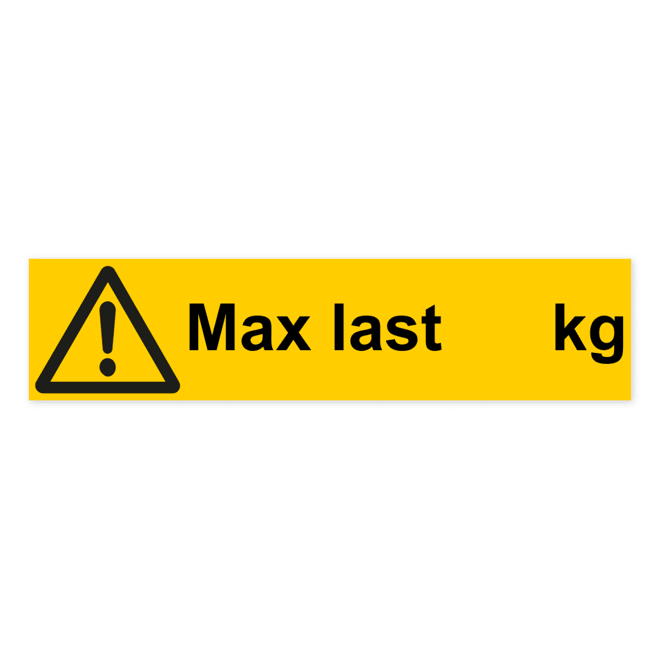 Varning, max last (kg)-skylten har storleken 297x70mm och tillverkas i materialet Aluminium 0.7mm.