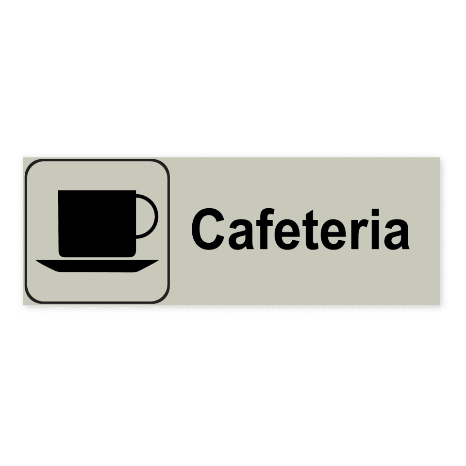 Cafeteria-skylten har storleken 225x80mm och tillverkas i materialet Natureloxerad aluminium 1mm. Denna standardskylt kan anpassas så att du kan skapa din egen version av skylten.