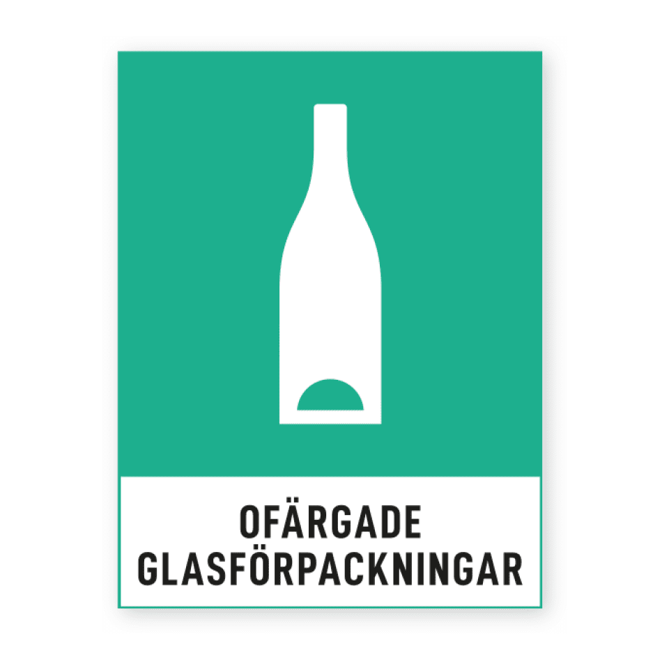 Ofärgade glasförpackningar-skylten har storleken 74x97mm och tillverkas i materialet Dekal. Denna standardskylt kan anpassas så att du kan skapa din egen version av skylten.